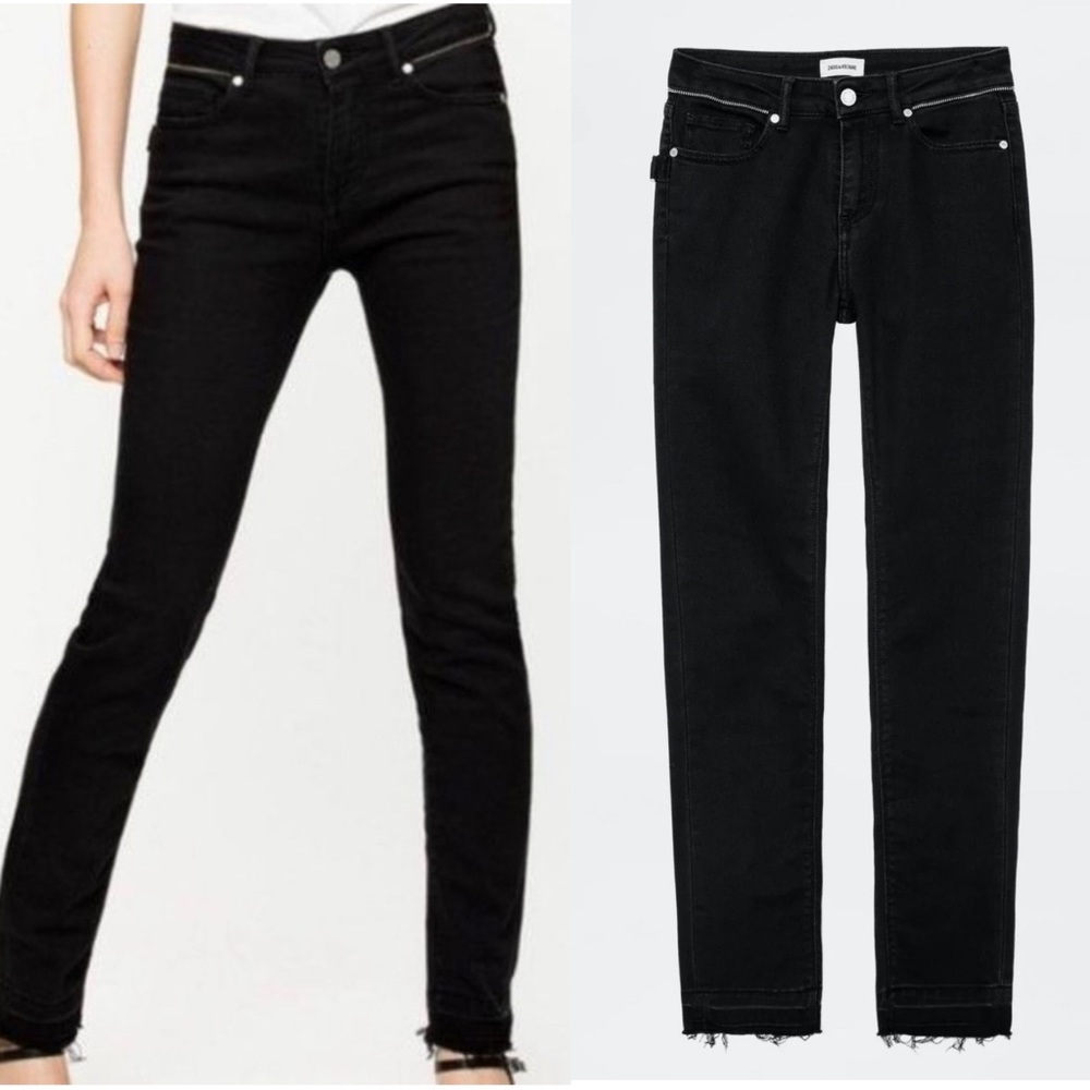 Zadig & Voltaire Paris Eva Zip Jeans Raw Released Hem Slim Skinny Black 27 - Picture 4 of 16